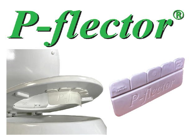 P-flector logo; P-flector attached to toilet seat; P-flector unattached to seat